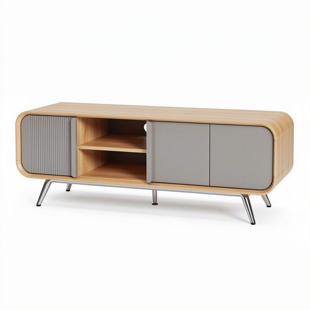 Wooden media console cabinet with gray doors and metal legs 150 x 40 x 50cm