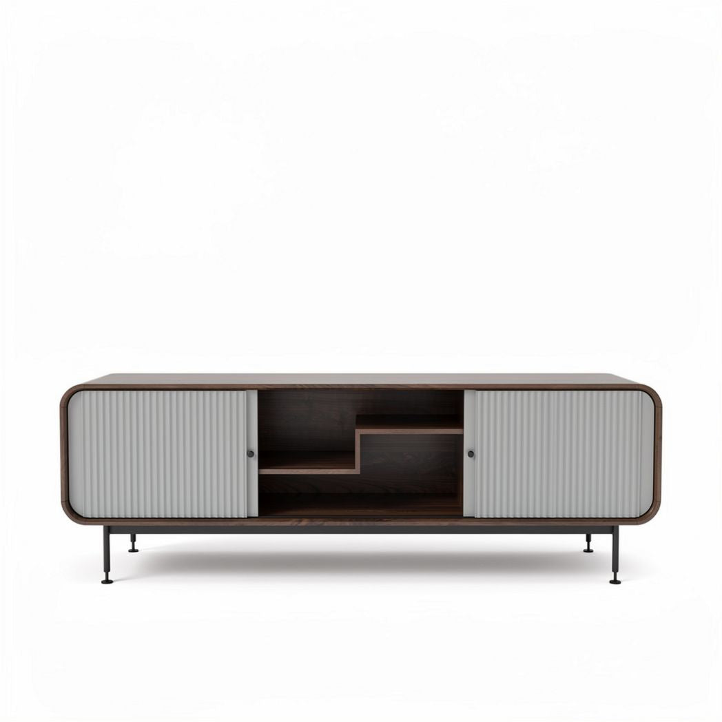 Modern wooden TV stand with storage space and gray ribbed doors 150 x 45 x 50cm