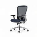 Mesh back ergonomic office chair in navy blue with adjustable height and rolling wheels