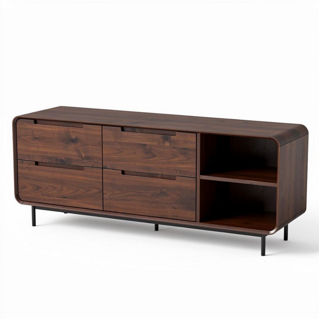 Wooden storage cabinet with four drawers and open shelving unit 150 x 40 x 50cm