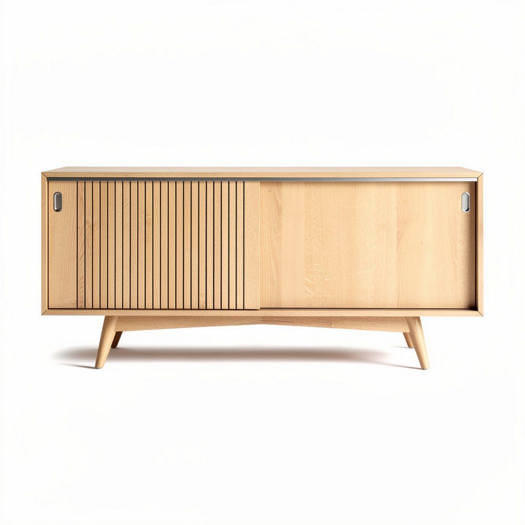 Minimalist wooden sideboard with sliding doors in natural finish 120 x 45 x 55cm