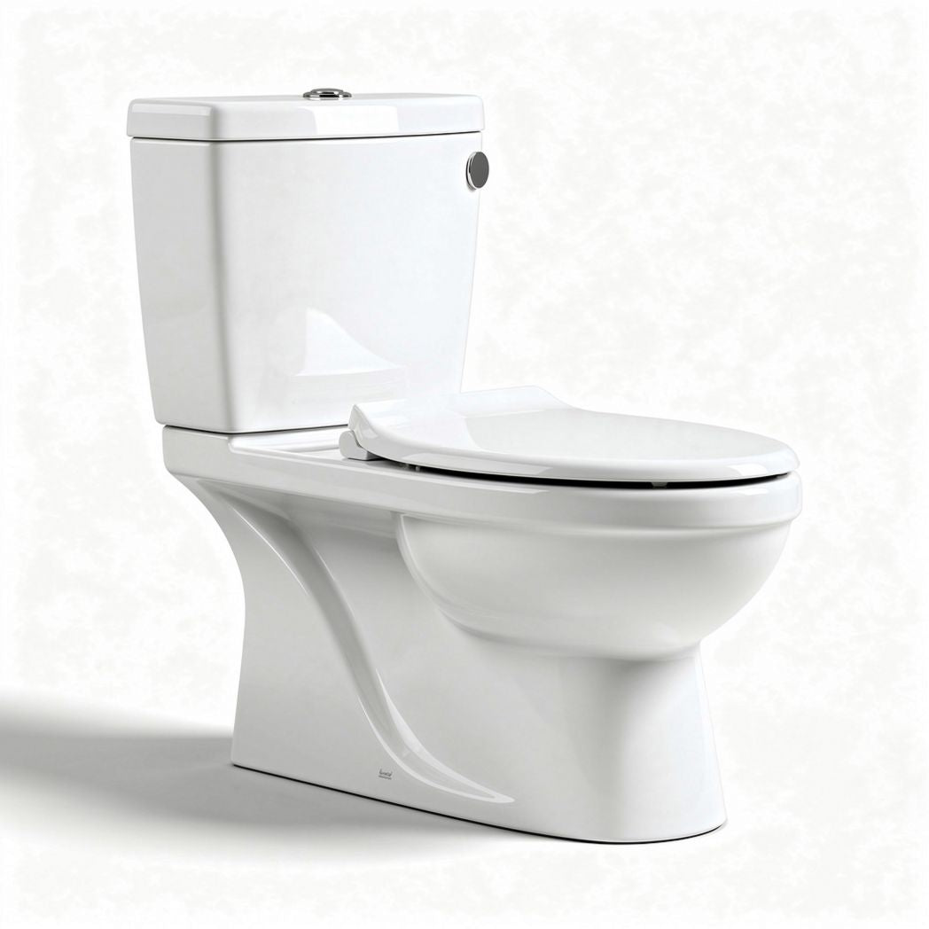 One piece white ceramic toilet with elongated bowl and chrome flush button